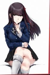 Rule 34 | 10s, 1girl, black skirt, blazer, blue jacket, blush, bow, bowtie, breasts, brown hair, buttons, crossed legs, foreshortening, green eyes, hair ribbon, hand on own chin, hews, jacket, kneehighs, kneeling, leaning forward, long hair, long sleeves, medium breasts, miniskirt, parted lips, persona, persona 5, pleated skirt, red ribbon, ribbon, school uniform, seductive smile, simple background, sitting, skirt, smile, socks, solo, straight hair, striped bow, striped bowtie, striped clothes, striped neckwear, stroking own chin, thighs, tougou hifumi, tsurime, white background, white socks