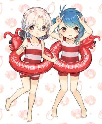 Rule 34 | 2girls, alternate costume, barefoot, blue hair, brown eyes, double v, fukae (kancolle), glasses, gradient hair, grey hair, highres, hirato (kancolle), innertube, kantai collection, looking at viewer, multicolored hair, multiple girls, one-piece swimsuit, short hair, side ponytail, sidelocks, striped clothes, striped one-piece swimsuit, swim ring, swimsuit, v, wavy hair, white background, yamashichi (mtseven)
