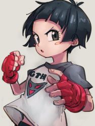 Rule 34 | 1girl, black hair, blush stickers, brown eyes, child, clenched hand, clothes writing, dragon ball, dragon ball super, dragon ball super super hero, fingerless gloves, gloves, grey background, kemachiku, looking at viewer, pan (dragon ball), red gloves, shirt, short hair, simple background, solo, t-shirt