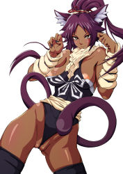 Rule 34 | 1girl, animal ears, bare shoulders, bleach, blush, breasts, cameltoe, cat ears, cat girl, cat tail, covered erect nipples, dark-skinned female, dark skin, female focus, fingernails, jeibii, kemonomimi mode, large breasts, light areolae, long hair, looking at viewer, nipple slip, nipples, paw pose, ponytail, purple hair, shihouin yoruichi, smile, solo, tail, thighhighs, yellow eyes