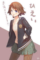 Rule 34 | 10s, 1girl, :p, alternate costume, bad id, bad pixiv id, blue eyes, brown hair, collarbone, hands in pockets, hiei (kancolle), jacket, kantai collection, meth (emethmeth), pantyhose, plaid, plaid skirt, pleated skirt, shirt, skirt, solo, tongue, tongue out, translated, white shirt