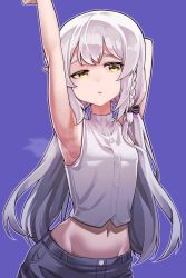 Rule 34 | 1boy, absurdres, arm up, armpits, braid, highres, jamee (action845), long hair, looking at viewer, male focus, midriff, navel, purple background, short shorts, shorts, silver hair, simple background, single braid, solo, standing, stretching, tongkkangi, tongkkangi (streamer), trap, twintails, twitch.tv, virtual youtuber, yellow eyes