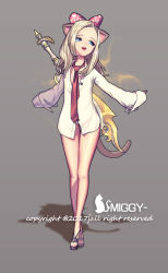 Rule 34 | 1girl, 2017, animal ears, animal hands, artist name, blade &amp; soul, blonde hair, blue eyes, bow, buttons, cat ears, cat tail, dress shirt, full body, grey background, hair bow, han qi, highres, legs, long hair, lyn (blade &amp; soul), necktie, no pants, open clothes, open mouth, open shirt, outstretched arms, panties, panty peek, pantyshot, red necktie, ribbon, shadow, shirt, shoes, simple background, sleeves past wrists, solo, sword, tail, thigh gap, unbuttoned, underwear, walking, weapon, white panties, white shirt
