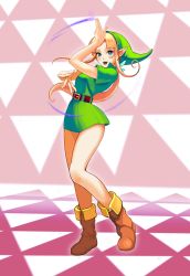 Rule 34 | 1girl, :d, bare legs, belt, belt buckle, blonde hair, blush, boots, brown footwear, buckle, commentary request, cosplay, dress, earrings, full body, green dress, green headwear, highres, jewelry, knee boots, link, low ponytail, magic, nintendo, open mouth, parted bangs, pointy ears, princess zelda, shiro murasaki, short dress, short sleeves, sidelocks, smile, solo, standing, super smash bros., the legend of zelda, the legend of zelda: ocarina of time, two-tone background, young link, young link (cosplay)