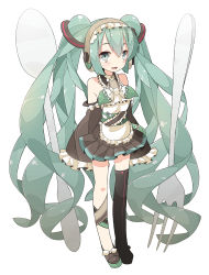 Rule 34 | 1girl, chitetan, detached sleeves, fork, green eyes, green hair, hatsune miku, headphones, long hair, maid, matching hair/eyes, simple background, single thighhigh, skirt, sleeves past wrists, solo, spoon, thighhighs, twintails, very long hair, vocaloid, white background