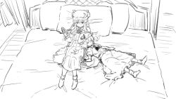 Rule 34 | 2girls, ascot, bed, bespectacled, book, curtains, glasses, greyscale, hat, headpat, leon (mikiri hassha), long hair, mob cap, monochrome, multiple girls, on bed, open book, pajamas, patchouli knowledge, pillow, reading, remilia scarlet, sitting, sketch, sleeping, sleeping on person, touhou, very long hair, window