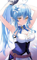 Rule 34 | 1girl, ahoge, armpits, arms up, belt, black bow, blue bow, blue bowtie, blue hair, bow, bowtie, breasts, cleavage, clothing cutout, corset, cowboy shot, dress, elf, flower, gradient background, hair between eyes, hair bow, hair flower, hair ornament, hairdressing, heart, heart ahoge, highres, hololive, kiki-yu, large breasts, looking away, looking down, multicolored hair, parted lips, pointy ears, ponytail, purple background, sidelocks, sleeveless, sleeveless dress, solo, star (symbol), streaked hair, two-tone hair, virtual youtuber, white background, white dress, white flower, yellow eyes, yukihana lamy