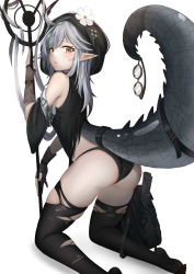 Rule 34 | 1girl, absurdres, ahoge, arknights, ass, bare shoulders, black panties, black thighhighs, commentary, crocodilian tail, detached sleeves, fingerless gloves, flower, from behind, gloves, goggles, unworn goggles, grey gloves, highres, holding, holding staff, holding with tail, kneeling, large tail, long hair, looking at viewer, looking back, panties, parted lips, pointy ears, prehensile tail, qldpopi, silver hair, simple background, solo, staff, tail, thighhighs, thighs, tomimi (arknights), torn clothes, torn thighhighs, underwear, white background, white flower