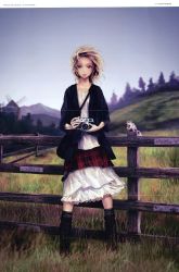 Rule 34 | 1girl, absurdres, animal, blonde hair, blue eyes, boots, camera, dress, female focus, fence, full body, grass, highres, jacket, nature, original, outdoors, realistic, redjuice, scenery, short hair, skirt, sky, socks, solo, squirrel, wind, windmill