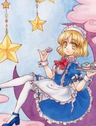 Rule 34 | 1girl, :3, apron, arm garter, blonde hair, blue dress, bow, crescent moon, dress, food, frilled dress, frills, holding, holding food, holding tray, io (maryann blue), looking at viewer, macaron, maid, maid apron, maid headdress, moon, mugetsu (touhou), on crescent, pantyhose, puffy short sleeves, puffy sleeves, red bow, short hair, short sleeves, smile, solo, star (symbol), touhou, touhou (pc-98), tray, waist apron, white pantyhose, yellow eyes