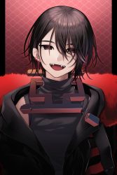 Rule 34 | 1other, :d, androgynous, black jacket, brown hair, earrings, fangs, head tilt, highres, jacket, jewelry, konogi nogi, looking at viewer, open mouth, original, red eyes, short hair, smile, solo, upper body
