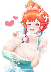 Rule 34 | 2girls, absurdres, aqua dress, bare shoulders, between breasts, bird, breasts, chibi, chicken, cleavage, collarbone, dress, flower, green hair, hair flower, hair ornament, heart, highres, hololive, hololive english, large breasts, mee don, mori calliope, multicolored hair, multiple girls, open mouth, orange hair, pink hair, purple eyes, simple background, smile, takanashi kiara, teeth, two-tone hair, upper body, upper teeth only, virtual youtuber, white background