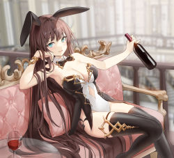 Rule 34 | 1girl, alcohol, animal ears, armpits, bare arms, bare shoulders, black thighhighs, blue eyes, blurry, bottle, bow, bowtie, bracelet, breasts, brown hair, cheek rest, cleavage, clothing cutout, couch, cup, depth of field, detached collar, drinking glass, hair flowing over, highres, holding, holding bottle, indoors, jewelry, large breasts, leotard, long hair, looking at viewer, on couch, original, outstretched arm, parted lips, rabbit ears, ronopu, sitting, smile, solo, stomach cutout, strapless, strapless leotard, thighhighs, thighs, two-tone leotard, very long hair, white leotard, wine bottle, wine glass