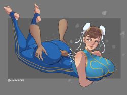 Rule 34 | 1girl, ass, ass grab, breast hold, breasts, brown eyes, brown hair, buttjob, buttjob over clothes, capcom, chun-li, covered erect nipples, cum, cum on back, cum on clothes, double bun, earrings, ejaculation, hair bun, highres, huge ass, huge breasts, jewelry, looking back, lying, on stomach, soles, street fighter