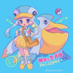 Rule 34 | 1girl, artist name, blue background, blue hair, blush, character name, collared shirt, creatures (company), english text, full body, game freak, gen 3 pokemon, index finger raised, long hair, looking at viewer, moemon, narumame, necktie, nintendo, open mouth, pelipper, personification, poke ball, poke ball (basic), pokedex number, pokemon, pokemon (creature), puffy shorts, shirt, shoes, short sleeves, shorts, sidelocks, simple background, smile, standing, star (symbol), wings