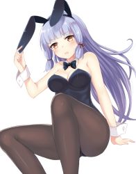 Rule 34 | 10s, 1girl, animal ears, bad id, bad pixiv id, black pantyhose, blunt bangs, blush, bow, bowtie, breasts, cleavage, detached collar, fake animal ears, hair ribbon, harimoji, kantai collection, large breasts, leotard, long hair, murakumo (kancolle), open mouth, pantyhose, playboy bunny, rabbit ears, red eyes, ribbon, silver hair, solo, sweatdrop, white background, wrist cuffs