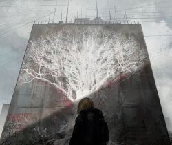 Rule 34 | 1other, absurdres, bird, black jacket, blonde hair, building, cloud, cloudy sky, commentary request, day, floating hair, graffiti, haru akira, highres, jacket, mural, original, outdoors, partial commentary, power lines, railing, scenery, shadow, sky, solo, standing, tree, upper body, wall, wide shot