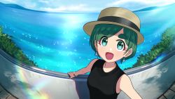 Rule 34 | 1girl, absurdres, aqua eyes, black shirt, boater hat, bracelet, cloud, cloudy sky, earrings, futomayu-chan (sinohira rin), green hair, hat, highres, jewelry, leaf, looking at viewer, open mouth, original, outdoors, rainbow, shirt, short hair, sinohira rin, sky, sleeveless, sleeveless shirt, smile, solo, sparkle, upper body, water