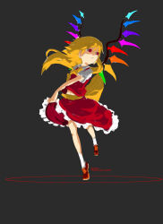Rule 34 | 1girl, alternate hair length, alternate hairstyle, ascot, back bow, bow, brown footwear, collared shirt, flandre scarlet, frilled skirt, frills, full body, grey background, highres, huge bow, multicolored wings, no headwear, open mouth, porunga566, puffy short sleeves, puffy sleeves, red eyes, red skirt, red vest, shirt, short sleeves, simple background, skirt, socks, solo, touhou, vest, white shirt, white socks, wings, yellow ascot, yellow bow