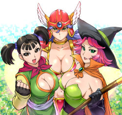 Rule 34 | 3girls, armor, bikini armor, black hair, blue hair, breasts, brown eyes, cape, chunsoft, cleavage, cleavage cutout, clothing cutout, dragon quest, dragon quest iii, elbow gloves, enix, fighter (dq3), fingerless gloves, gloves, green eyes, hat, helmet, large breasts, mage (dq3), multiple girls, pink hair, purple hair, smile, soldier (dq3), staff, twintails, ueyama michirou, witch hat