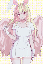 Rule 34 | 1girl, absurdres, ahoge, angel wings, animal ears, blonde hair, blush, breasts, choker, cleavage, collarbone, dress, gloves, hair ornament, highres, holding, holding own hair, jingburger, large breasts, long hair, looking at viewer, parted lips, pink wings, puffy short sleeves, puffy sleeves, rabbit ears, red eyes, red lips, short sleeves, solo, sundance0218, thighhighs, tight clothes, tight dress, virtual youtuber, waktaverse, white dress, white gloves, white thighhighs, wings