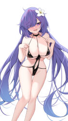 Rule 34 | 1girl, absurdres, azur lane, between breasts, black one-piece swimsuit, blue hair, breast strap, breasts, catnnn, cleavage, clothing cutout, drooling, flower, hair flower, hair ornament, hair over one eye, heart, heart-shaped pupils, highres, large breasts, long hair, looking at viewer, mogador (azur lane), mogador (locker room lechery) (azur lane), mole, mole on breast, mouth drool, navel, navel cutout, official alternate costume, one-piece swimsuit, smile, swimsuit, symbol-shaped pupils, white background, white flower