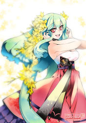 Rule 34 | 1girl, bare shoulders, breasts, cavalier of the abyss, cleavage, flower, green hair, hair flower, hair ornament, juder, large breasts, long hair, red eyes, solo, yuan