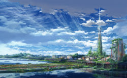 Rule 34 | building, cloud, day, grass, no humans, original, plant, post-apocalypse, real world location, reflection, ruins, saitama (nrh49840), scenery, sky, sumida (tokyo), tokyo (city), vines, water