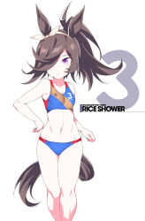 Rule 34 | 1girl, alternate costume, alternate hairstyle, animal ears, armpits, bare shoulders, black hair, blue buruma, bow, breasts, brown hair, buruma, character name, closed mouth, commentary request, copyright name, ear bow, feet out of frame, hair over one eye, hand on own hip, horse ears, horse girl, horse tail, long hair, looking at viewer, midriff, multicolored sports bra, ponytail, purple eyes, rice shower (umamusume), shigino sohuzi, simple background, small breasts, solo, sports bikini, sports bra, tail, translation request, umamusume, white background, white bow