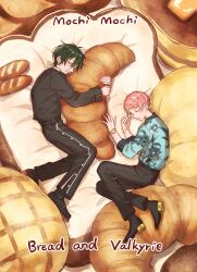 Rule 34 | 2boys, baguette, belt, black belt, black pants, blush, bread, closed eyes, closed mouth, commentary request, croissant, ensemble stars!, floral print, food, full body, green hair, highres, itsuki shu, kagehira mika, long sleeves, lying, male focus, multiple boys, open mouth, pants, pink hair, short hair, valkyrie (ensemble stars!), watch, wednesday 108, wristwatch