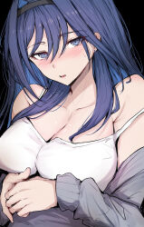 Rule 34 | 1girl, bare shoulders, black background, black hairband, blue eyes, blue hair, breasts, cardigan, cleavage, collarbone, commentary, earrings, grey cardigan, hair between eyes, hairband, highres, hololive, hololive english, jewelry, large breasts, looking at viewer, ouro kronii, own hands together, sak1 01, simple background, solo, strap slip, stud earrings, sweatdrop, symbol-only commentary, upper body, virtual youtuber