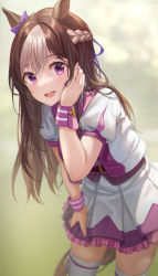 Rule 34 | 1girl, absurdres, alternate hair length, alternate hairstyle, animal ears, blue eyes, blurry, blurry background, blush, bow, braid, brown hair, ear bow, french braid, hand on own face, hand on own leg, hand up, highres, horse ears, horse girl, horse tail, huge filesize, jacket, long hair, looking at viewer, multicolored clothes, multicolored hair, multicolored jacket, open mouth, puffy short sleeves, puffy sleeves, purple bow, purple eyes, short sleeves, skirt, smile, solo, special week (umamusume), streaked hair, tail, teeth, thighhighs, tokkyu, two-tone jacket, two-tone skirt, umamusume, upper teeth only, white hair, white thighhighs, wristband, zettai ryouiki