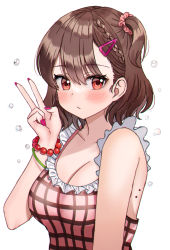 Rule 34 | 1girl, bad id, bad pixiv id, bead bracelet, beads, blush, bracelet, braid, breasts, brown hair, bubble, cleavage, closed mouth, commentary request, dress, hair between eyes, hair ornament, hair scrunchie, hairclip, hand up, jewelry, kubong, looking at viewer, medium breasts, nail polish, one side up, original, pink dress, pink scrunchie, plaid, plaid dress, purple nails, red eyes, scrunchie, simple background, sleeveless, sleeveless dress, solo, v, white background