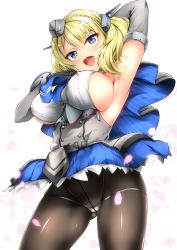 Rule 34 | 1girl, arm up, armpits, black gloves, black pantyhose, blonde hair, blue eyes, blue necktie, braid, breasts, cameltoe, capelet, colorado (kancolle), commentary request, crotch seam, dress, elbow gloves, from behind, garrison cap, gloves, grey dress, hand on own chest, hat, headgear, highres, kantai collection, kuon (break through), large breasts, looking at viewer, necktie, pantyhose, pleated dress, shirt, short hair, side braids, sideboob, simple background, sleeveless, smile, solo, upper body, white background, white shirt