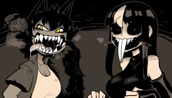 Rule 34 | animal ears, bare shoulders, black sclera, breasts, bright pupils, brown theme, buck teeth, cleavage, collared jacket, colored sclera, commentary, elbow gloves, english commentary, fangs, gloves, grin, hand up, highres, horror (theme), index finger raised, jacket, long hair, looking at viewer, monster girl, multicolored hair, noss (rariatto), open clothes, open jacket, open mouth, original, rariatto (ganguri), rudy (rariatto), saliva, saliva trail, sanpaku, sharp teeth, smile, spot color, teeth, tongue, tongue out, two-tone hair, vampire, werewolf, white pupils, wing collar, wolf ears, yellow eyes