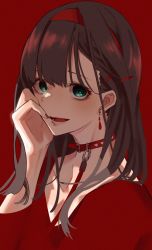 Rule 34 | 1girl, animal collar, bags under eyes, blush, brown hair, collar, dress, earrings, empty eyes, enushi, green eyes, hair ornament, hairband, hand on own cheek, hand on own face, highres, idolmaster, idolmaster cinderella girls, jewelry, leash, looking at viewer, looking to the side, nail polish, red background, red dress, red hairband, sakuma mayu, simple background, smile, solo
