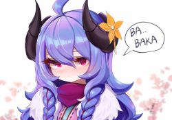 Rule 34 | ..., 1girl, ahoge, alternate eye color, alternate hair color, alternate hairstyle, blue hair, blush, braid, curled horns, embarrassed, flower, full-face blush, hair between eyes, hair blush, hair flower, hair ornament, highres, horns, kindred (league of legends), lamb (league of legends), league of legends, long hair, looking at viewer, myanja, official alternate costume, official alternate hairstyle, purple hair, red eyes, ribbon, side braid, solo, speech bubble, spirit blossom kindred, tsundere, twin braids, twintails, white fur
