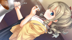 Rule 34 | 10s, 1girl, blonde hair, blue eyes, blue skirt, blush, bow, commentary request, cooking, drill hair, dutch angle, food, hair bow, hatakaze (kancolle), highres, holding, holding plate, imachireki, indoors, japanese clothes, kantai collection, kimono, ladle, lips, looking at viewer, looking to the side, parted lips, plate, ponytail, pot, skirt, solo, steam, wide sleeves, yellow kimono
