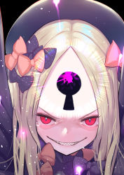 Rule 34 | 1girl, abigail williams (fate), black background, black bow, black hat, blonde hair, blush, bow, evil grin, evil smile, eyebrows, eyelashes, fate/grand order, fate (series), forehead, grin, hair bow, hat, keyhole, long sleeves, looking at viewer, multiple hair bows, open mouth, orange bow, polka dot, polka dot bow, red eyes, sharp teeth, slit pupils, smile, solo, tears, teeth, ursica