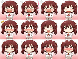 Rule 34 | &gt; &lt;, 10s, 1girl, :d, @ @, ^^^, artist request, bad id, bad pixiv id, blush, breasts, brown eyes, brown hair, chibi, closed eyes, ebina nana, expressions, female focus, flying sweatdrops, gradient background, himouto! umaru-chan, large breasts, long hair, looking at viewer, multiple views, open mouth, school uniform, smile, smoke, sweat, tears, translation request, twintails, wavy mouth