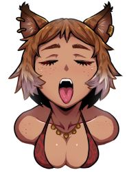Rule 34 | 1girl, akairiot, animal ears, blush, brown hair, cara (akairiot), closed eyes, dark-skinned female, dark skin, earrings, foreshortening, freckles, gradient hair, highres, jewelry, multicolored hair, necklace, open mouth, oral invitation, original, short hair, simple background, solo, tongue, tongue out, white background