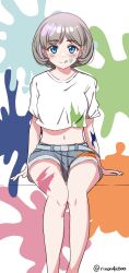 Rule 34 | 1girl, :q, absurdres, aqua belt, blue eyes, blue shorts, blush, breasts, commentary request, cropped shirt, grey hair, highres, looking at viewer, love live!, love live! superstar!!, medium breasts, paint on body, paint on clothes, paint splatter, rinon42600, shirt, short hair, short sleeves, shorts, sitting, solo, tang keke, tongue, tongue out, twitter username, upper body, white shirt