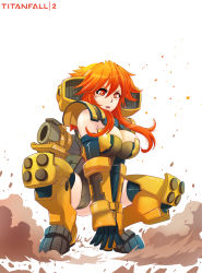 Rule 34 | 1girl, animification, armor, boots, breasts, cleavage, copyright name, dust cloud, gloves, hair between eyes, highres, hmage, large breasts, leotard, mecha musume, orange eyes, orange hair, own hands together, personification, scorch (titanfall 2), short hair with long locks, simple background, spread legs, squatting, thighhighs, thighs, titanfall, titanfall (series), titanfall 2, white background