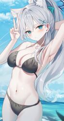 Rule 34 | 1girl, :/, absurdres, animal ear fluff, animal ears, arm behind head, armpits, bare shoulders, bikini, black bikini, black halo, blue archive, blue eyes, blue ribbon, blue sky, blush, breasts, closed mouth, cloud, commentary, cross, cross hair ornament, day, extra ears, grey hair, groin, hair behind ear, hair ornament, hair ribbon, halo, highres, horizon, inverted cross, looking at viewer, medium breasts, mismatched pupils, navel, ocean, outdoors, ponytail, ribbon, shiroko (blue archive), shiroko terror (blue archive), sky, solo, stomach, sugar (dndi888), sweatdrop, swimsuit, symbol-only commentary, v, water, wolf ears