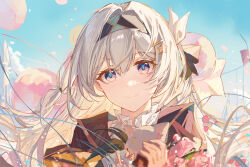 Rule 34 | 1girl, animal, black hairband, blue pupils, blue sky, bow, cat, closed mouth, cloud, collar, commentary request, firefly (honkai: star rail), floating hair, grey hair, hair between eyes, hair bow, hair ornament, hairband, highres, holding, holding animal, honkai: star rail, honkai (series), long hair, looking at viewer, multicolored eyes, pink eyes, sky, smile, solo, star (symbol), star hair ornament, upper body, white collar, yajuu