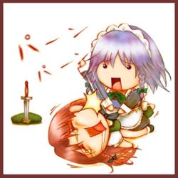 Rule 34 | 2girls, braid, chibi, chibi only, drooling, female focus, hat, hong meiling, immaterial and missing power, izayoi sakuya, knife, lowres, multiple girls, open mouth, planted, planted sword, planted weapon, saliva, sitting, sitting on person, slapping, sword, touhou, twin braids, unworn hat, unworn headwear, weapon