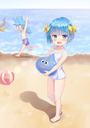 Rule 34 | 1boy, 1girl, 2others, absurdres, alternate color school swimsuit, ball, beach, beachball, blue eyes, blue hair, blue male swimwear, blue swim trunks, blunt bangs, blurry, blurry background, blush, bow, breasts, brother and sister, child, commentary request, depth of field, dragon, dragon quest, ear piercing, full body, green bow, hair bow, hero&#039;s daughter (dq5), hero&#039;s son (dq5), highres, male swimwear, multiple others, ocean, old school swimsuit, one-piece swimsuit, outdoors, paid reward available, piercing, ponytail, school swimsuit, short hair, siblings, slime (creature), slime (dragon quest), small breasts, small fry (dragon quest), standing, swim trunks, swimsuit, tenjou ryuka, variant set, white one-piece swimsuit