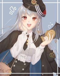 Rule 34 | 1girl, :d, bag, black hat, black jacket, black necktie, black skirt, blue archive, bow, braid, collared shirt, food, frilled shirt, frills, hair bow, hand on own cheek, hand on own face, handbag, haruna (blue archive), hat, heart, highres, holding, holding food, hudepen kaiho, jacket, jacket on shoulders, light blush, long hair, long sleeves, military hat, necktie, open clothes, open jacket, open mouth, red eyes, shirt, shirt tucked in, short necktie, silver hair, simple background, single braid, skirt, smile, solo, star (symbol), taiyaki, upper body, wagashi, white shirt