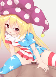 Rule 34 | 1boy, 1girl, alternate legwear, american flag dress, american flag legwear, blonde hair, blush, breasts, censored, clothed female nude male, clownpiece, cowgirl position, dress, gradient background, hat, hetero, highres, jester cap, long hair, microdress, mosaic censoring, nasunegiuni, neck ruff, no panties, nude, penis, pink eyes, pussy, sex, short sleeves, skirt, small breasts, solo focus, straddling, thighhighs, thighs, touhou, vaginal, very long hair