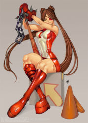 Rule 34 | 1girl, abs, bad deviantart id, bad id, bandages, baseball bat, boots, bracelet, breasts, brown hair, chain, covered erect nipples, eyepatch, gloves, jewelry, long hair, muscular, platform footwear, qiqo, sitting, skin tight, solo, spiked bracelet, spikes, thigh boots, thighhighs, tight clothes, twintails, watermark